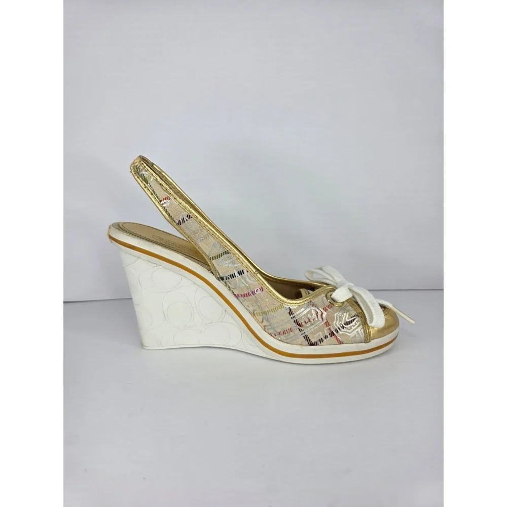 Coach Emilanna Wedge Sandals Womens 8.5B  Multi Plaid Canvas Gold Slingback